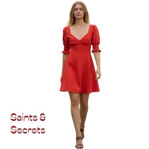 Saints & Secrets Orangish Red Puffy Sleeve Dress NWOT Size S